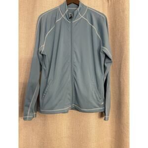 New Balance Womens Track Jacket Large Blue Jersey Knit Waffle Under-Sleeves